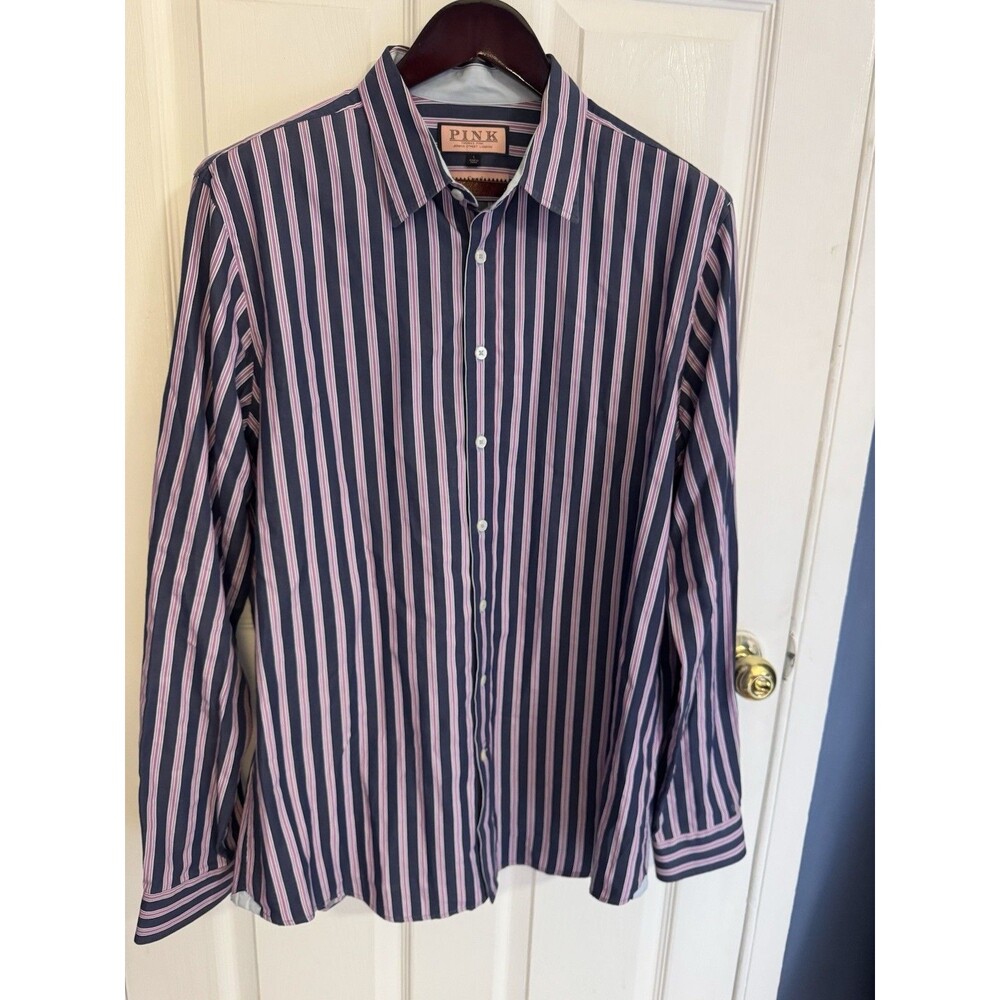 Thomas Pink Dress Shirt Mens Sz L Large Blue/Purple Stripe Long Sleeve Button Up